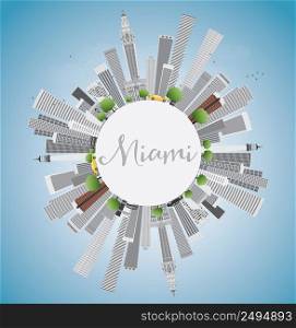 Miami Skyline with Gray Buildings, Blue Sky and Copy Space. Vector Illustration. Business Travel and Tourism Concept with Modern Buildings. Image for Presentation Banner Placard and Web Site.