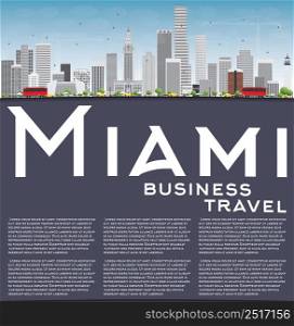 Miami Skyline with Gray Buildings, Blue Sky and Copy Space. Vector Illustration. Business Travel and Tourism Concept with Modern Buildings. Image for Presentation Banner Placard and Web Site.