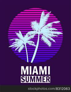 Miami Summer sunset print t-shirt design. Poster palm tree silhouettes, typorgaphy. Vector illustration. Miami Summer sunset print t-shirt design. Poster palm tree silhouettes