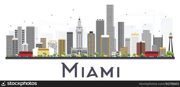 Miami USA City Skyline with Gray Buildings Isolated on White Background. Vector Illustration. Business Travel and Tourism Concept with Modern Buildings. Miami Cityscape with Landmarks.