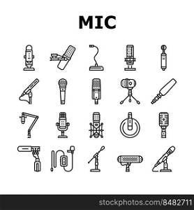 mic microphone voice podcast icons set vector. audio music, sound mike, speech studio, interview web button, vocal karaoke record mic microphone voice podcast black contour illustrations. mic microphone voice podcast icons set vector