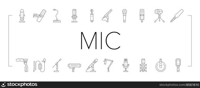 mic microphone voice podcast icons set vector. audio music, sound mike, speech studio, interview web button, vocal karaoke record mic microphone voice podcast black contour illustrations. mic microphone voice podcast icons set vector