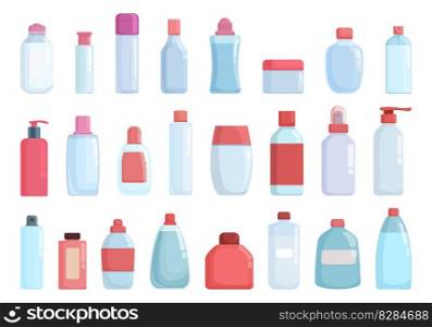 Micellar water icons set cartoon vector. Beauty makeup. Bottle container. Micellar water icons set cartoon vector. Beauty makeup