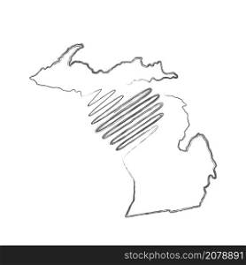 Michigan US state hand drawn pencil sketch outline map with heart shape. Continuous line drawing of patriotic home sign. A love for a small homeland. T-shirt print idea. Vector illustration.. Michigan US state hand drawn pencil sketch outline map with the handwritten heart shape. Vector illustration