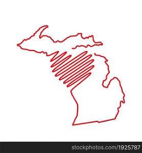 Michigan US state red outline map with the handwritten heart shape. Continuous line drawing of patriotic home sign. A love for a small homeland. T-shirt print idea. Vector illustration.. Michigan US state red outline map with the handwritten heart shape. Vector illustration