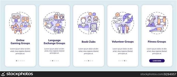 Micro communities examples onboarding mobile app screen. Small group walkthrough 5 steps editable graphic instructions with linear concepts. UI, UX, GUI template. Myriad Pro-Bold, Regular fonts used. Micro communities examples onboarding mobile app screen