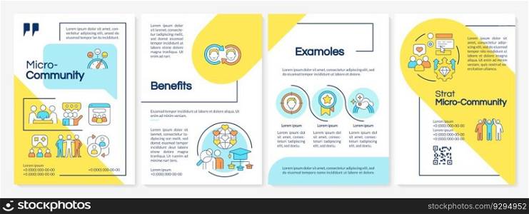 Micro community blue and yellow brochure template. Connecting people. Leaflet design with linear icons. Editable 4 vector layouts for presentation, annual reports. Questrial, Lato-Regular fonts used. Micro community blue and yellow brochure template