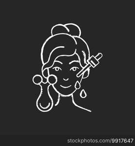 Micro current massager chalk white icon on black background. Facial muscles stimulation. Tool for lifting. Repairing damaged skin. Stimulating collagen. Isolated vector chalkboard illustration. Micro current massager chalk white icon on black background