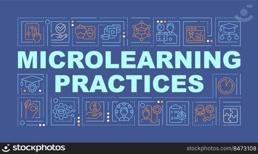 Micro learning strategies word concepts dark blue banner. Elearning. Infographics with editable icons on color background. Isolated typography. Vector illustration with text. Arial-Black font used. Micro learning strategies word concepts dark blue banner