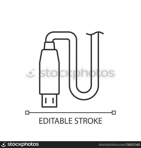 Micro USB output linear manual label icon. Connector type. Thin line customizable illustration. Contour symbol. Vector isolated outline drawing for product use instructions. Editable stroke. Micro USB output linear manual label icon