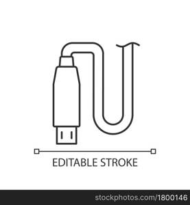 Micro USB output linear manual label icon. Connector type. Thin line customizable illustration. Contour symbol. Vector isolated outline drawing for product use instructions. Editable stroke. Micro USB output linear manual label icon