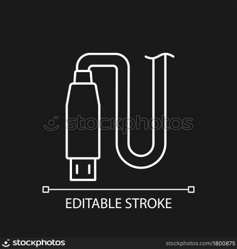 Micro USB output white linear manual label icon for dark theme. Thin line customizable illustration. Isolated vector contour symbol for night mode for product use instructions. Editable stroke. Micro USB output white linear manual label icon for dark theme
