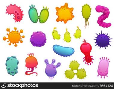 Microbes and viruses, pathogen microorganisms and coronavirus cell cartoon vector icons set. Dangerous bacteria, respiratory and intestinal infections, flu and influenza disease causative agent. Microbes, viruses and coronavirus pathogen vector