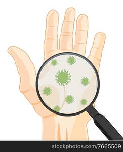 Microbes on hand of the person through magnifying glass. Bacterias on hand of the person through magnifying glass