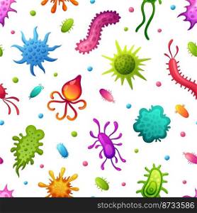 Microbes pattern. Cartoon microbe and infectious viruses background, flat infection cells and bacteria. Garish germ or microorganism vector seamless of organism illness microscopic illustration. Microbes pattern. Cartoon microbe and infectious viruses background, flat infection cells and bacteria. Garish germ or microorganism vector seamless texture