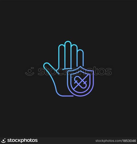Microbes protection gradient vector icon for dark theme. Protect hands against pathogens. Using antibacterial soap, gel. Thin line color symbol. Modern style pictogram. Vector isolated outline drawing. Microbes protection gradient vector icon for dark theme