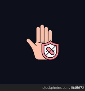 Microbes protection RGB color icon for dark theme. Protect hands against pathogens. Antimicrobial cleansing. Isolated vector illustration on night mode background. Simple filled line drawing on black. Microbes protection RGB color icon for dark theme