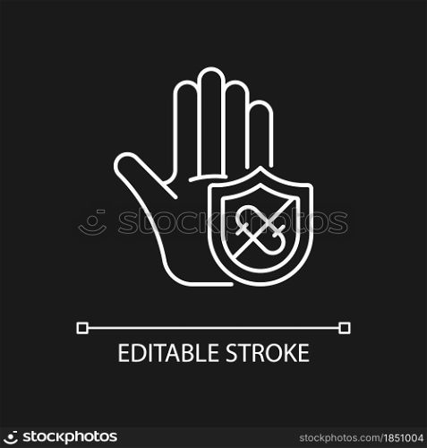 Microbes protection white linear icon for dark theme. Protect hands against pathogens. Thin line customizable illustration. Isolated vector contour symbol for night mode. Editable stroke. Microbes protection white linear icon for dark theme
