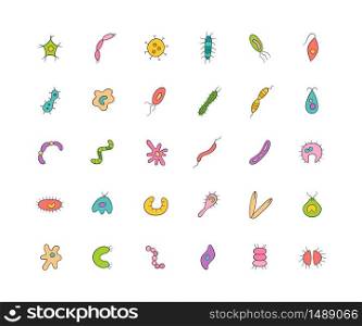 Microbes, virus, bacterias and pathogen icons colorful set. Collection of abstract vector germs in the linear style on white background. Microbes, virus, bacterias and pathogen icons colorful set. Collection of abstract vector germs