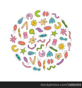 Microbes, virus, bacterias and pathogen icons colorful set. Abstract vector illustration of germs in the linear style on white background. Microbes, virus, bacterias and pathogen icons colorful set. Collection of abstract vector germs