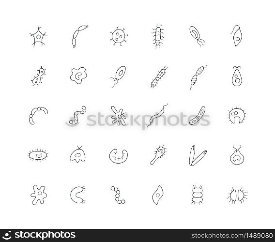 Microbes, virus, bacterias and pathogen line icons set. Collection of abstract vector germs in the linear style on white background. Microbes, virus, bacterias and pathogen line icons set. Collection of abstract vector germs