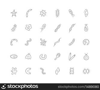 Microbes, virus, bacterias and pathogen line icons set. Collection of abstract vector germs in the linear style on white background. Microbes, virus, bacterias and pathogen line icons set. Collection of abstract vector germs