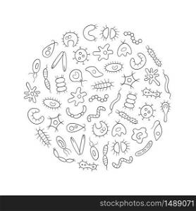 Microbes, virus, bacterias and pathogen outline icons set. Abstract vector illustration of germs in the linear style on white background. Microbes, virus, bacterias and pathogen icons colorful set. Collection of abstract vector germs