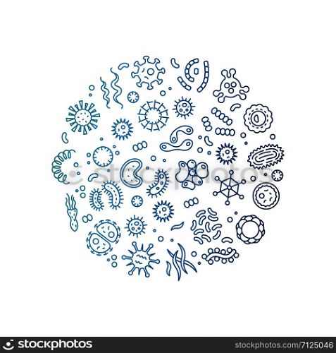 Microbes, viruses, bacteria, microorganism cells and primitive organism colorful line vector concept. Illustration of bacteria and virus, microbe line. Microbes, viruses, bacteria, microorganism cells and primitive organism colorful line vector concept