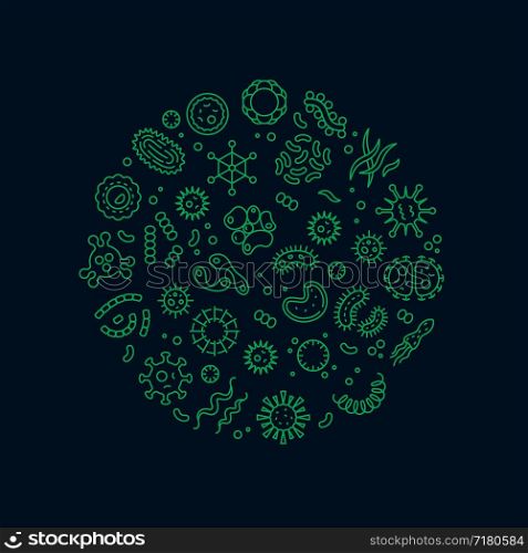 Microbes, viruses, bacteria, microorganism cells and primitive organism line vector concept. Virus cell and microbe, bacteria organism, medical microscopic illustration. Microbes, viruses, bacteria, microorganism cells and primitive organism line vector concept