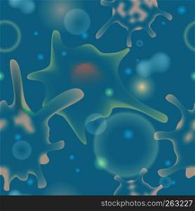 Microbiological seamless pattern. Amoeba Proteus and Infusoria under the microscope. Vector illustration.
