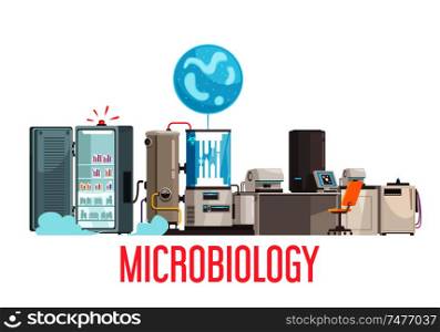 Microbiology background composition with text and life sciences laboratory equipment and electronic facilities on blank background vector illustration