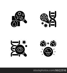 Microbiology black glyph icons set on white space. Genetic engineering. DNA structure. Selective breeding. Genetic research. Laboratory research. Silhouette symbols. Vector isolated illustration. Microbiology black glyph icons set on white space