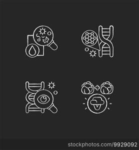 Microbiology chalk white icons set on black background. Genetic engineering. DNA structure. Selective breeding. Genetic research. Laboratory research. Isolated vector chalkboard illustrations. Microbiology chalk white icons set on black background