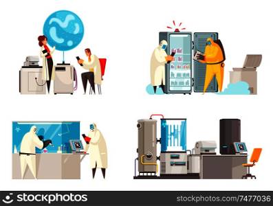 Microbiology design concept with four compositions of human characters in biohazard suits near laboratory equipment units vector illustration