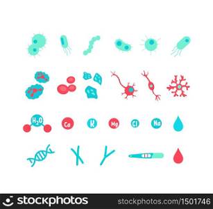 Microbiology flat color vector objects set. Nervous system. Bacteria and probiotic. Virus infection. Hormone for human. Laboratory microorganisms 2D isolated cartoon illustrations on white background. Microbiology flat color vector objects set