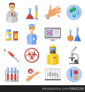 Microbiology Icons Set. Microbiology icons set with research experiments and bio weapon symbols flat isolated vector illustration