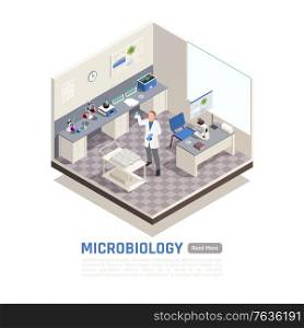 Microbiology isometric composition with male scientist researching in laboratory 3d vector illustration