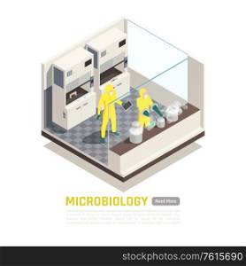 Microbiology isometric composition with people in yellow protective suits doing research in laboratory 3d vector illustration