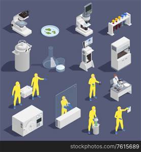 Microbiology isometric icons set with laboratory equipment and people in protective suits isolated on grey background 3d vector illustration