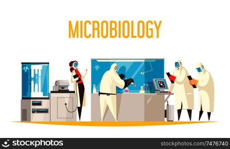 Microbiology laboratory composition with text and view of lab apparatus with scientist characters in biohazard suits vector illustration