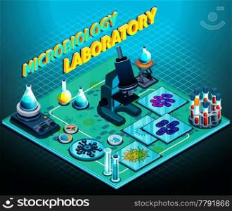 Microbiology laboratory isometric composition on blue gradient background with scientific equipment, flasks and tubes, microorganisms, vector illustration . Microbiology Laboratory Isometric Composition