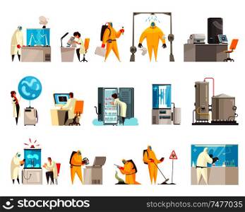 Microbiology laboratory set with isolated human characters of scientists in suits with lab equipment and facilities vector illustration