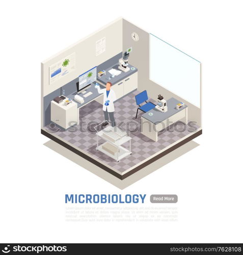 Microbiology laboratory with various equipment and scientist holding flasks 3d isometric vector illustration