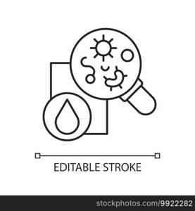 Microbiology linear icon. Organisms in water s&le. Pollution examination. Laboratory experiment. Thin line customizable illustration. Contour symbol. Vector isolated outline drawing. Editable stroke. Microbiology linear icon