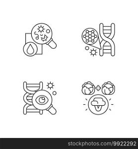 Microbiology linear icons set. Genetic engineering. DNA structure. Selective breeding. Genetic research. Customizable thin line contour symbols. Isolated vector outline illustrations. Editable stroke. Microbiology linear icons set