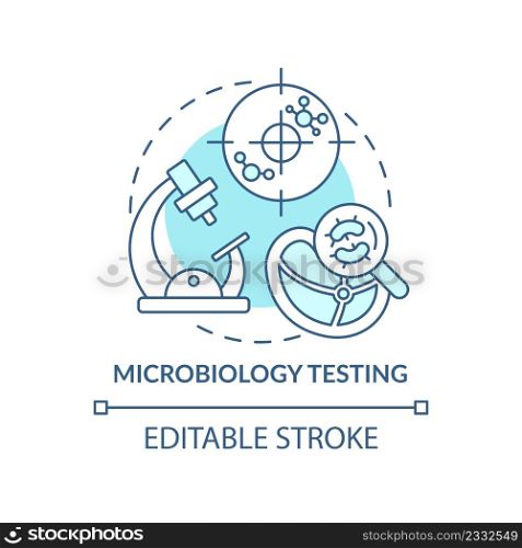 Microbiology testing turquoise concept icon. Food samples evaluation abstract idea thin line illustration. Foodborne germs. Isolated outline drawing. Editable stroke. Arial, Myriad Pro-Bold fonts used. Microbiology testing turquoise concept icon