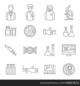 Microbiology thin line symbol depicting people laboratory equipment, genetic elements syringe and assay isolated vector illustration