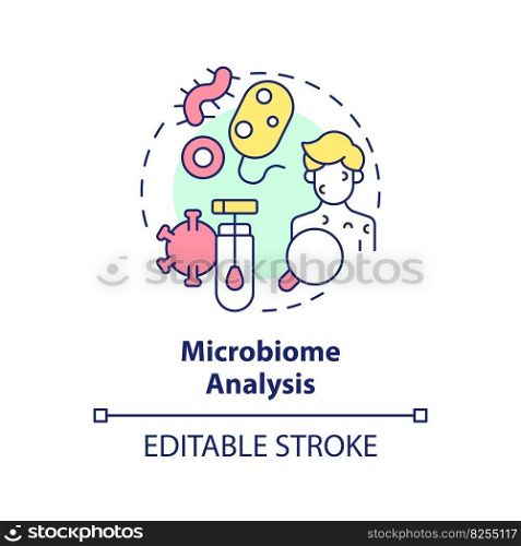 Microbiome analysis concept icon. Microbe colonies role in body study. Precision medicine. Technological advance abstract idea thin line illustration. Isolated outline drawing. Editable stroke. Microbiome analysis concept icon