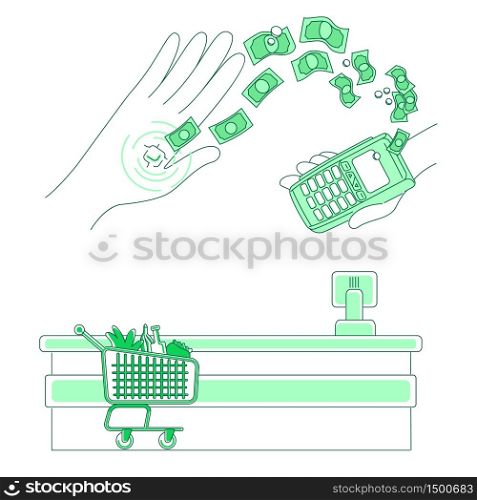Microchip and payment terminal thin line concept vector illustration. Contactless transaction, people with e-money 2D cartoon character for web design. Device embedded in human hand creative idea