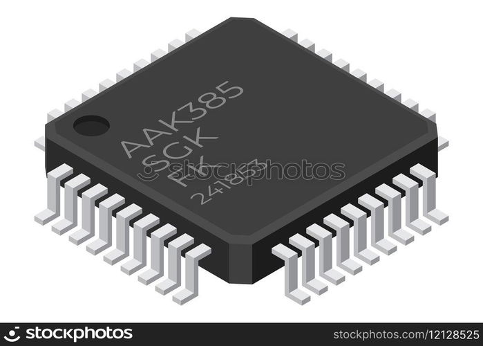 Microchip computer electronic component. Microchip icon. Isometric microchip. Computer processor technology. Micro processor. Vector illustration